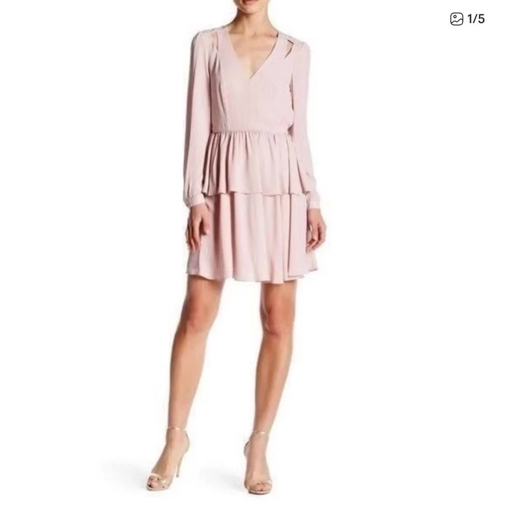 Rebecca Minkoff Jina V‎ Neck Tiered Ruffle Long Sleeve Dress Womens 0 Pale Pink